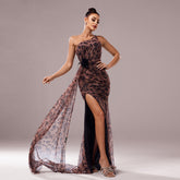 One-shoulder Diagonal Collar Leopard Sequined Evening Dress