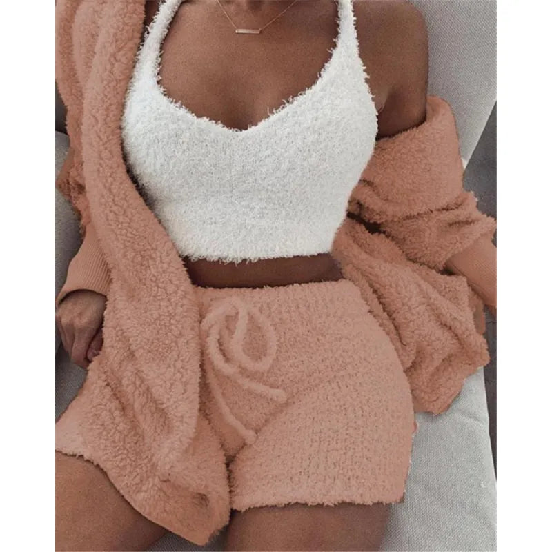 3PCS Women’s Loungewear Set – Crop Top & Shorts