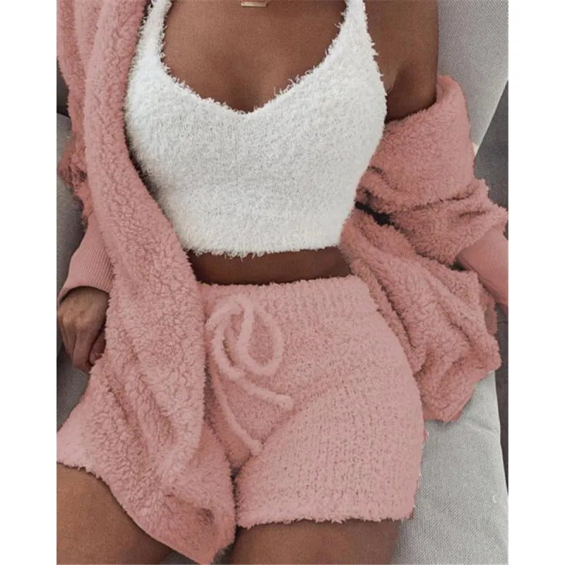 3PCS Women’s Loungewear Set – Crop Top & Shorts