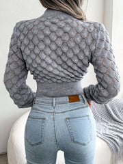 Women 3D Diamond Knit Long Sleeve Cropped Sweater