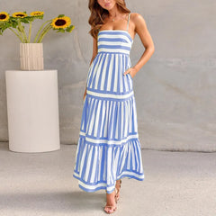 Women Summer Striped Backless Suspender Dress