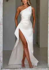 Sexy One-shoulder Backless Slit Dress Satin Dresses For Women