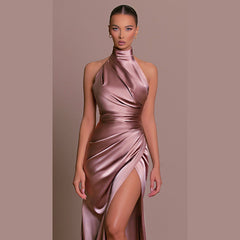 Elegant Stand-up Collar Long Dress Halter Neck Sleeveless Slit Slim Dress