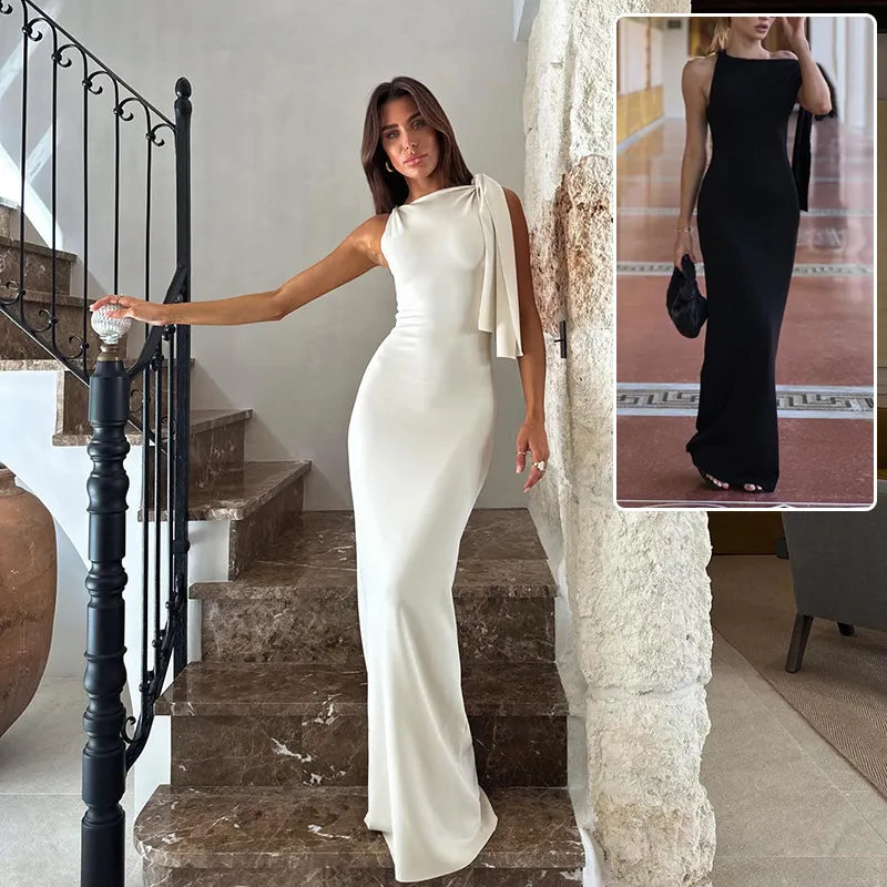 Women’s One-Shoulder Ribbon Long Party Dress