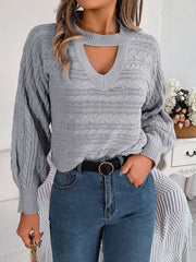 Women Casual Hollow Out Cable Knit Long Sleeve Pullover Sweater