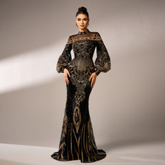 Long Sleeve Round Neck Sequins Mesh Fishtail Evening Dress