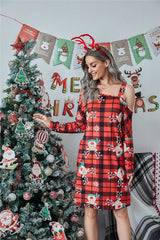 Christmas Plaid Print Off-shoulder Long Sleeve Dress