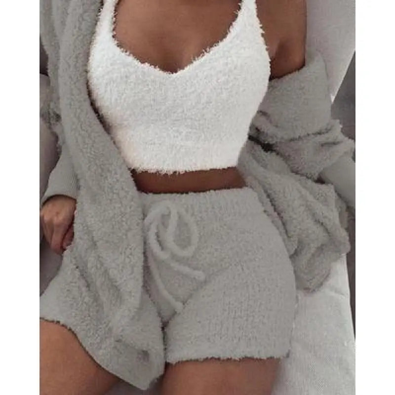 3PCS Women’s Loungewear Set – Crop Top & Shorts