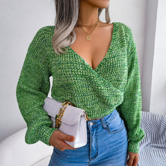 Women Colorful Cross V-Neck Lantern Sleeve Cropped Sweater