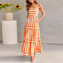 Women Summer Striped Backless Suspender Dress