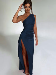 Sexy One-shoulder Backless Slit Dress Satin Dresses For Women