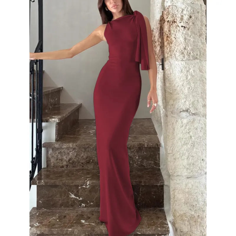 Women’s One-Shoulder Ribbon Long Party Dress