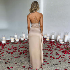 Sexy One-shoulder Backless Slit Dress Satin Dresses For Women