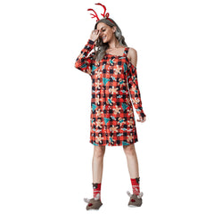 Christmas Plaid Print Off-shoulder Long Sleeve Dress
