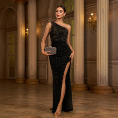 One-shoulder Slant Collar Sequined Slim-fit Sheath Banquet Split Evening Dress