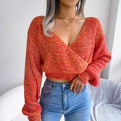 Women Colorful Cross V-Neck Lantern Sleeve Cropped Sweater