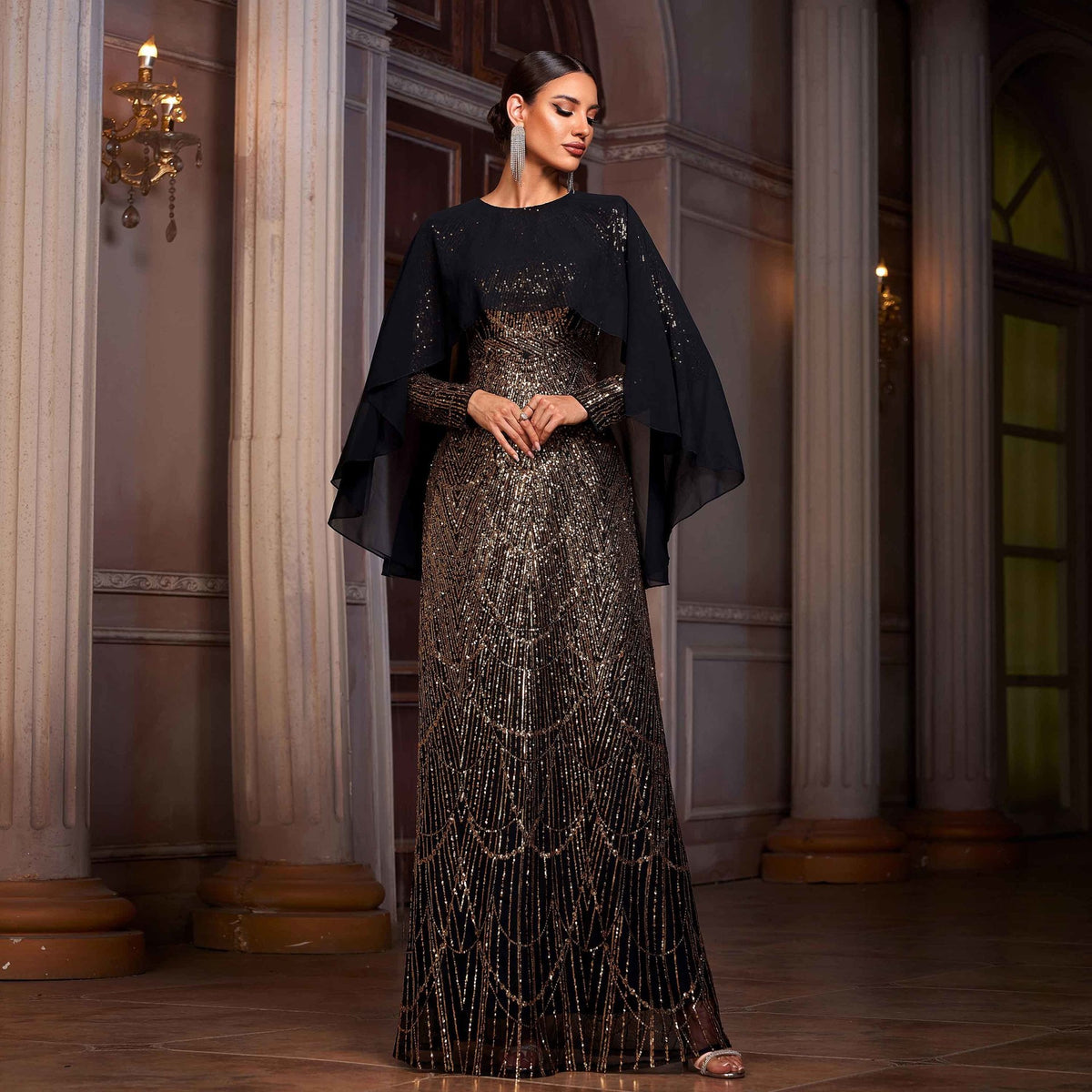 Elegant Long Sleeve Round Neck A- Line Evening Dress