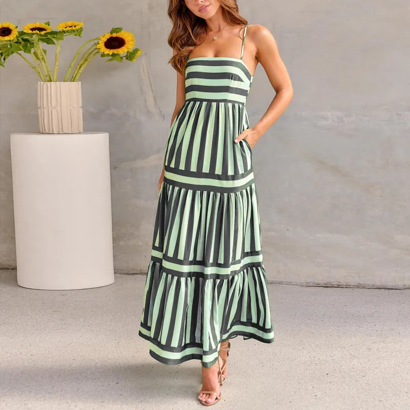 Women Summer Striped Backless Suspender Dress