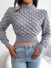 Women 3D Diamond Knit Long Sleeve Cropped Sweater