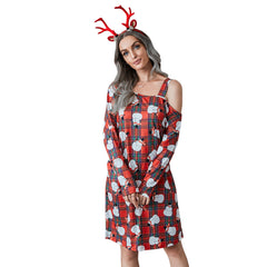 Christmas Plaid Print Off-shoulder Long Sleeve Dress