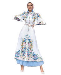 Fashion Puff Sleeves Lapel Robe Arabic Women's Digital Printed Mid Waist Long Dress