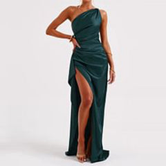 Sexy One-shoulder Backless Slit Dress Satin Dresses For Women