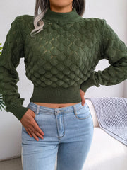 Women 3D Diamond Knit Long Sleeve Cropped Sweater