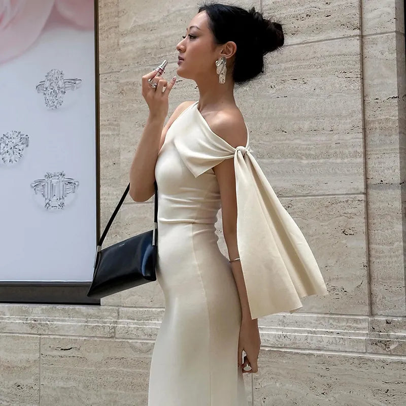 Women’s One-Shoulder Ribbon Long Party Dress