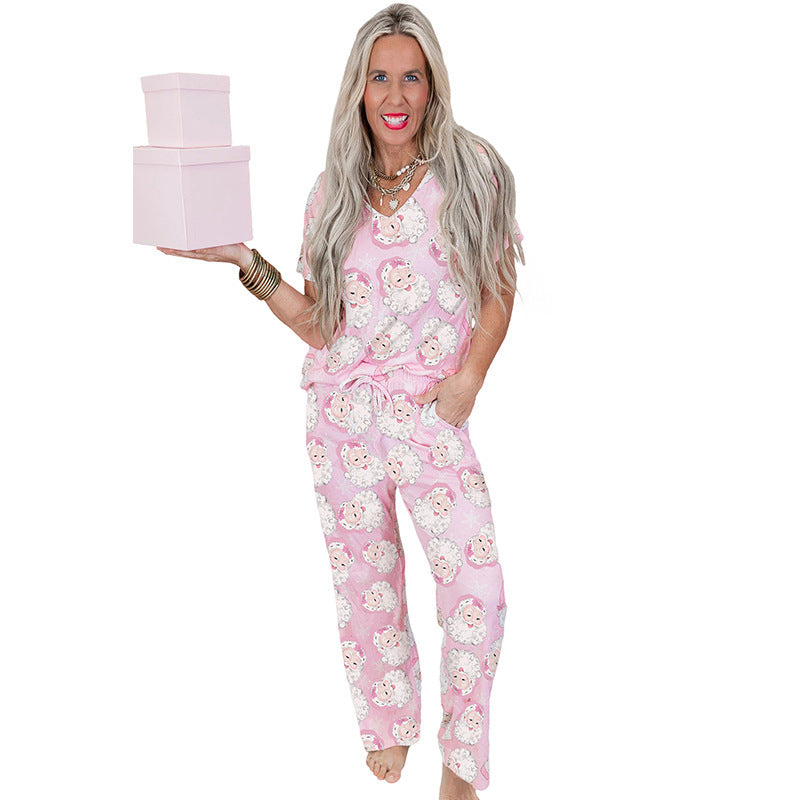 Women's Fashion Christmas Printing Casual Loose Short Sleeves Suit