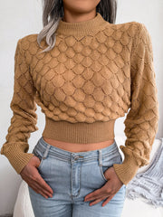 Women 3D Diamond Knit Long Sleeve Cropped Sweater
