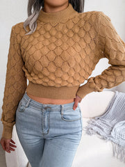 Women 3D Diamond Knit Long Sleeve Cropped Sweater